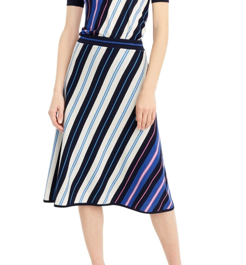 J. Crew Pure Merino Wool A-line Skirt Diagonal Stripe Navy Fuchsia L3136 Size L